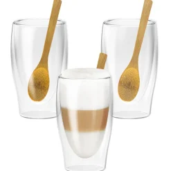 Nuts Dubbelwandige latte macchiatoglazen, 3 stuks incl bamboe lepel